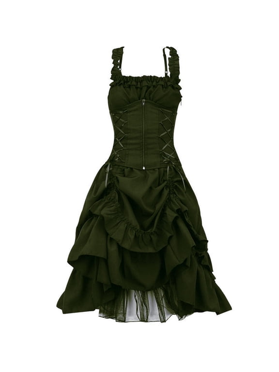 Womens Dress Summer Sleeveless Gothic Style Dark Drawstring Waist Solid Color Dress Green