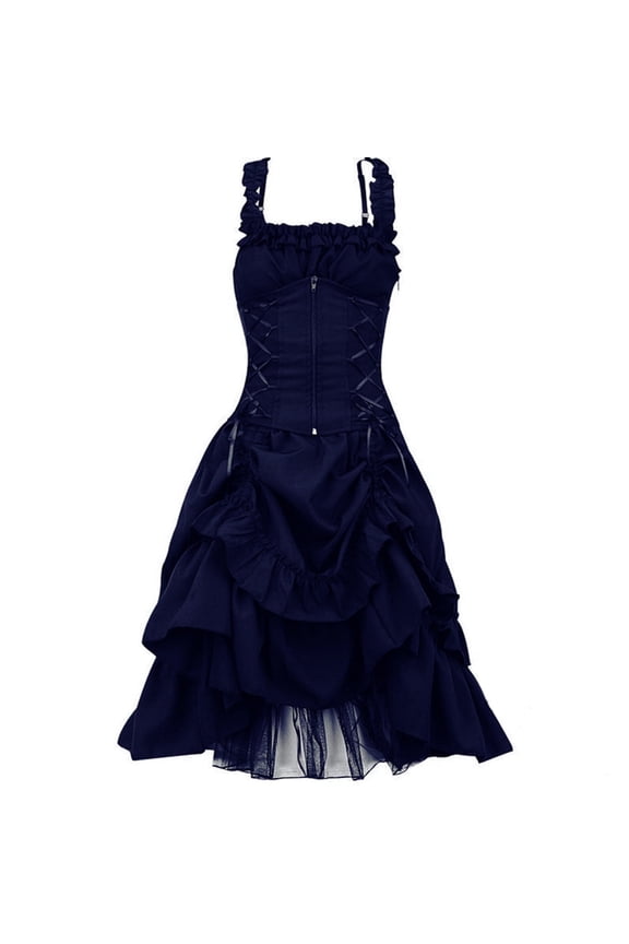 Womens Dress Summer Sleeveless Gothic Style Dark Drawstring Waist Solid Color Dress Navy