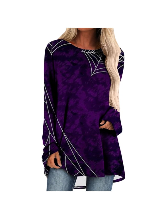 Womens Fall Loose T Shirts Halloween Floral Elements Graphic Sweatshirts Casual Crewneck Pullover Long Sleeve Tunic Tops Beach Shirt Purple