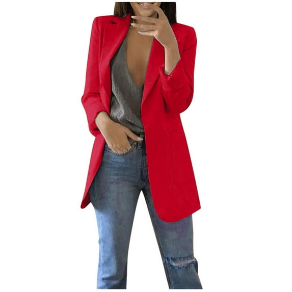 WREESH Womens Fashion 2025 Bussiness Casual Blazers Open Front Long Sleeve Work Office Blazer Jacket Solid Suit Jacket with Pockets Wine