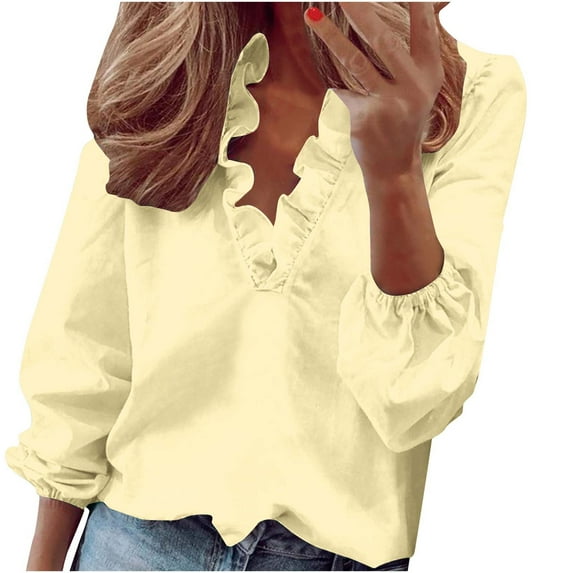 WREESH Womens Fashion Blouses Business Casual Tops Ruffle V Neck Solid Color Pullover Regular Fit Long Sleeve Tops Casual Full Tops Loose Plus Size Clothing White