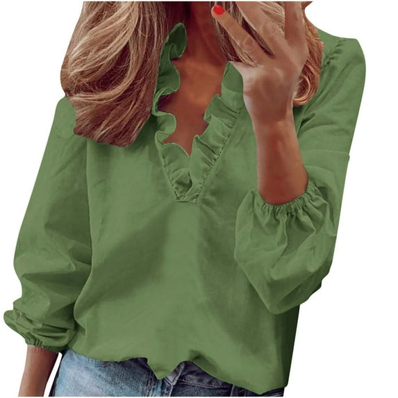 WREESH Womens Fashion Blouses Business Casual Tops Ruffle V Neck Solid Color Pullover Regular Fit Long Sleeve Tops Casual Full Tops Loose Plus Size Clothing Olive Green