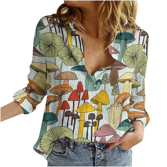 WREESH Womens Fashion Blouses Casual Turndown Collar Print Long Sleeve Button Shirt Blouse Multicolor