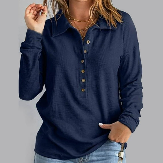 WREESH Womens Fashion Blouses Lapel Solid Color Pullover Regular Fit Button Long Sleeve Tops Casual Turndown Collar Button Top Blouse Dark Blue