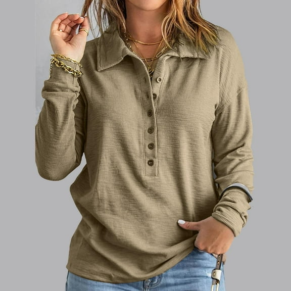 WREESH Womens Fashion Blouses Lapel Solid Color Pullover Regular Fit Button Long Sleeve Tops Casual Turndown Collar Button Top Blouse Khaki