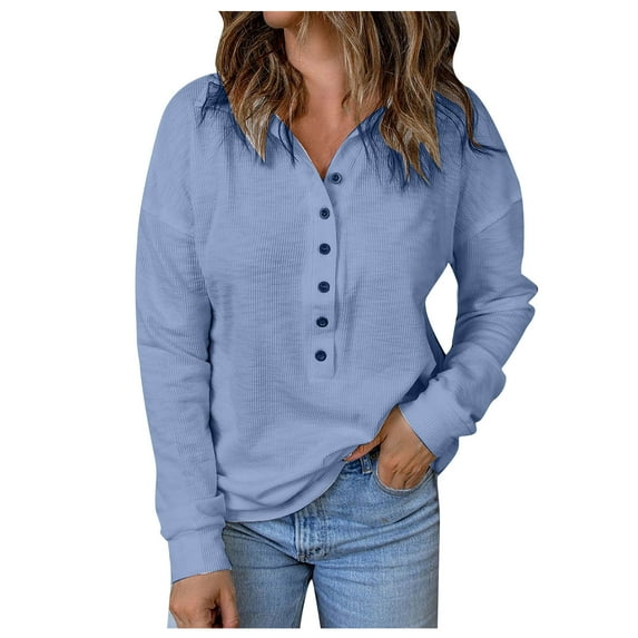 WREESH Womens Fashion Blouses Lapel Solid Color Pullover Regular Fit Button Long Sleeve Tops Casual Turndown Collar Button Top Blouse Sky Blue