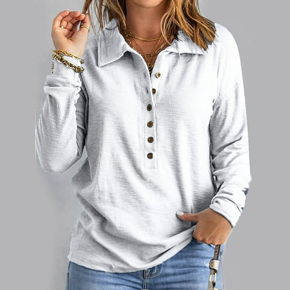 WREESH Womens Fashion Blouses Lapel Solid Color Pullover Regular Fit Button Long Sleeve Tops Casual Turndown Collar Button Top Blouse White