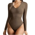 thumbnail image 1 of WREESH Womens Fashion Bodysuits Solid Color Jumpsuit Ribbed T-Shirt V-Neck Long Sleeved Jumpsuit Pullover Coffee, 1 of 4