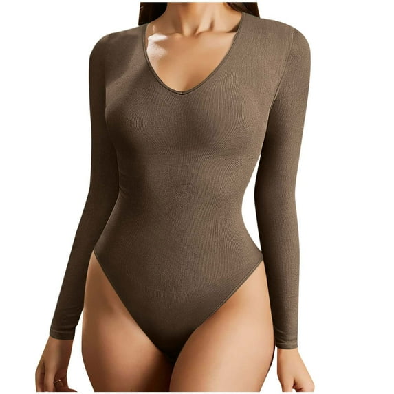WREESH Womens Fashion Bodysuits Solid Color Jumpsuit Ribbed T-Shirt V-Neck Long Sleeved Jumpsuit Pullover Coffee