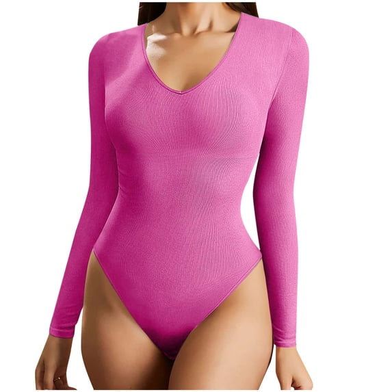 WREESH Womens Fashion Bodysuits Solid Color Jumpsuit Ribbed T-Shirt V-Neck Long Sleeved Jumpsuit Pullover Hot Pink