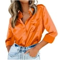 thumbnail image 1 of WREESH Womens Fashion Button Down Shirts Business Casual Tops Lapel Solid Color Loose Fit Long Sleeve Tops Blouse Satin Silk Shirts Casual Loose Office Work Tunic Tops Orange, 1 of 9