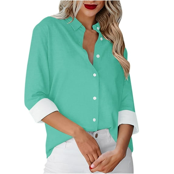 WREESH Womens Fashion Button Down Shirts Business Casual Tops Lapel Solid Color Loose Fit Long Sleeve Tops Casual Everyday Single-Breasted Shirt Tops Mint Green