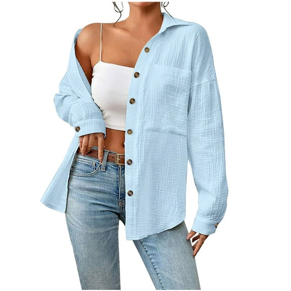 WREESH Womens Fashion Button Down Shirts Casual Lapel Solid Color Loose Fit Long Sleeve Tops Casual Pocket Turndown Collar Button Shirt Tops Blue