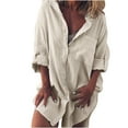 thumbnail image 1 of WREESH Womens Fashion Button Down Shirts Cotton Linen Shirt Summer Casual Stand Collar V Neck Long Sleeved Solid Color Loose Shirt Tops Beige, 1 of 6