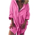thumbnail image 1 of WREESH Womens Fashion Button Down Shirts Cotton Linen Shirt Summer Casual Stand Collar V Neck Long Sleeved Solid Color Loose Shirt Tops Pink, 1 of 6