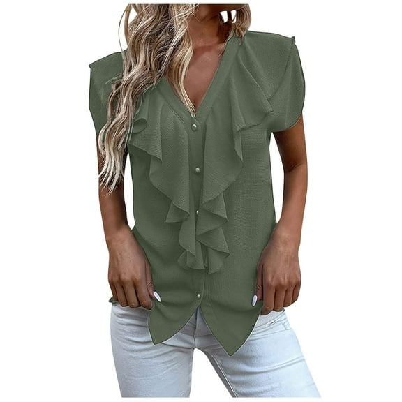 WREESH Womens Fashion Button Down Ruffle Blouse Vintage Shirt Tops Solid Color Spring Summer V-Neck Short Sleeve T-Shirt Temperament Chiffon Shirt Olive Green