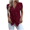 thumbnail image 1 of WREESH Womens Fashion Button Down Ruffle Blouse Vintage Shirt Tops Solid Color Spring Summer V-Neck Short Sleeve T-Shirt Temperament Chiffon Shirt Wine, 1 of 8