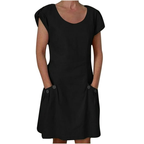 WREESH Womens Fashion Cotton Linen Dress Solid Short Sleeve Casual Dress Swingcomfy Beach Sundress with Pokets Black