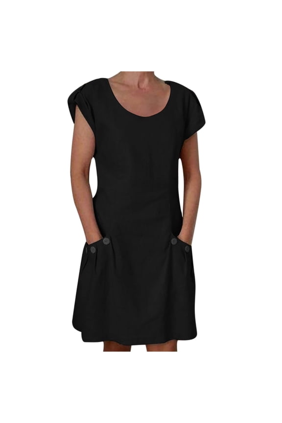 Womens Fashion Cotton Linen Dress Solid Short Sleeve Casual Dress Swingcomfy Beach Sundress with Pokets Black