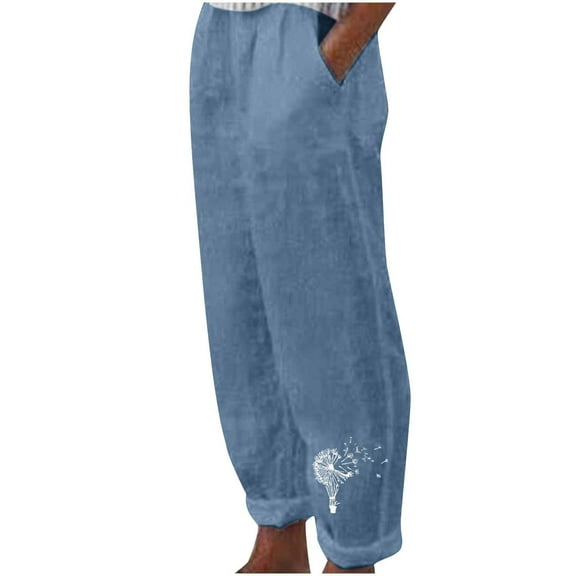 WREESH Womens Fashion Cotton Linen Pants Summer Lightweight High Waisted Beach Pant Loose Solid Color Trousers with Pockets Blue