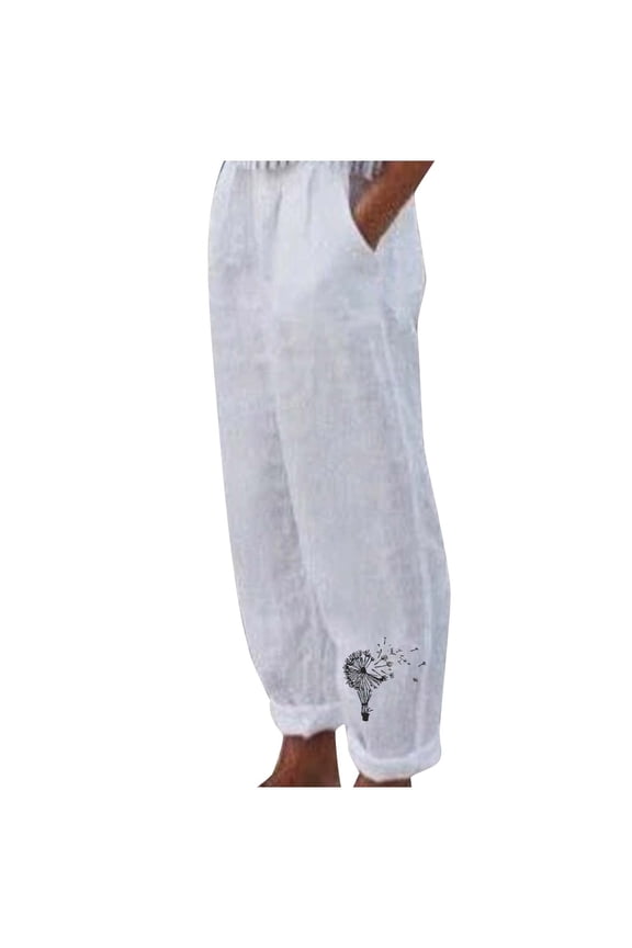 Womens Fashion Cotton Linen Pants Summer Lightweight High Waisted Beach Pant Loose Solid Color Trousers with Pockets White