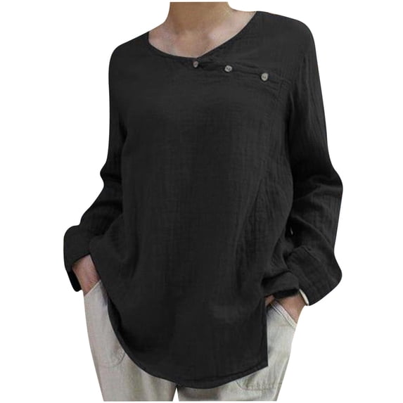 WREESH Womens Fashion Cotton Linen Shirt Solid Color Side Button Cotton Linen Round Neck T-Shirt Loose Long Sleeve Side Button Cotton Linen Lap Pullover Black