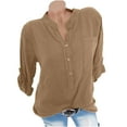 thumbnail image 1 of WREESH Womens Fashion Cotton Linen Shirt Summer Casual Stand Collar V Neck Long Sleeved Solid Color Loose Shirt Henley Tops Pullover Khaki, 1 of 4