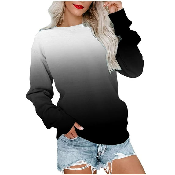 WREESH Womens Fashion Crewneck Sweatshirts Gradient Loose T-Shirt Long Sleeves Blouse Casual Tops Sweatshirt Hoodies Pullover Black