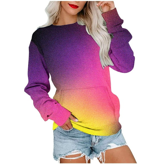 WREESH Womens Fashion Crewneck Sweatshirts Gradient Loose T-Shirt Long Sleeves Blouse Casual Tops Sweatshirt Hoodies Pullover Dark Blue