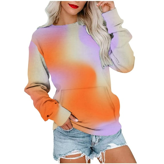 WREESH Womens Fashion Crewneck Sweatshirts Gradient Loose T-Shirt Long Sleeves Blouse Casual Tops Sweatshirt Hoodies Pullover Orange