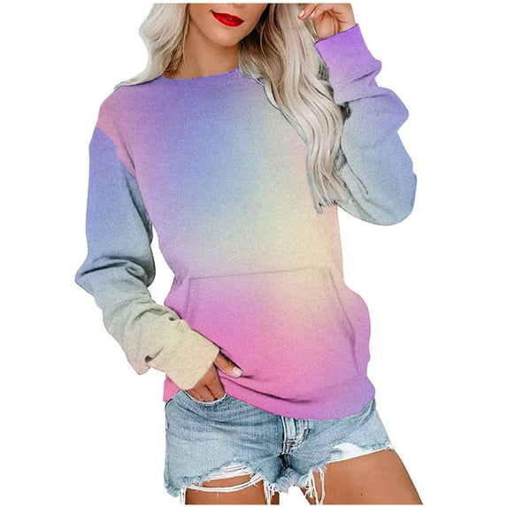WREESH Womens Fashion Crewneck Sweatshirts Gradient Loose T-Shirt Long Sleeves Blouse Casual Tops Sweatshirt Hoodies Pullover Purple