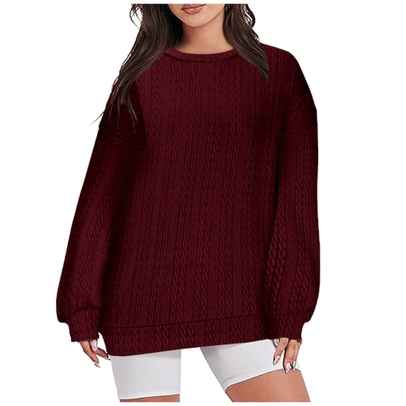 WREESH Womens Fashion Crewneck Sweatshirts Jacquards Long Sleeve Solid Color Blouse Causal Pullover Tops T-Shirt Red