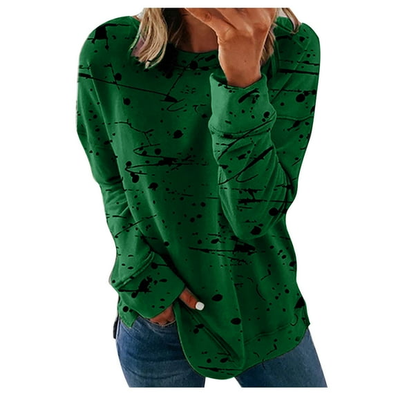 WREESH Womens Fashion Crewneck Sweatshirts Print Long Sleeve Comfortable Breathable Shirt Tops Pullover Green