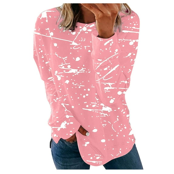 WREESH Womens Fashion Crewneck Sweatshirts Print Long Sleeve Comfortable Breathable Shirt Tops Pullover Pink