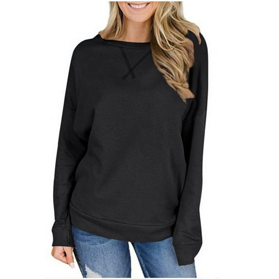 WREESH Womens Fashion Crewneck Sweatshirts Solid Color Comfortable Long Sleeve Casual T-Shirt Blouse Pullover Black