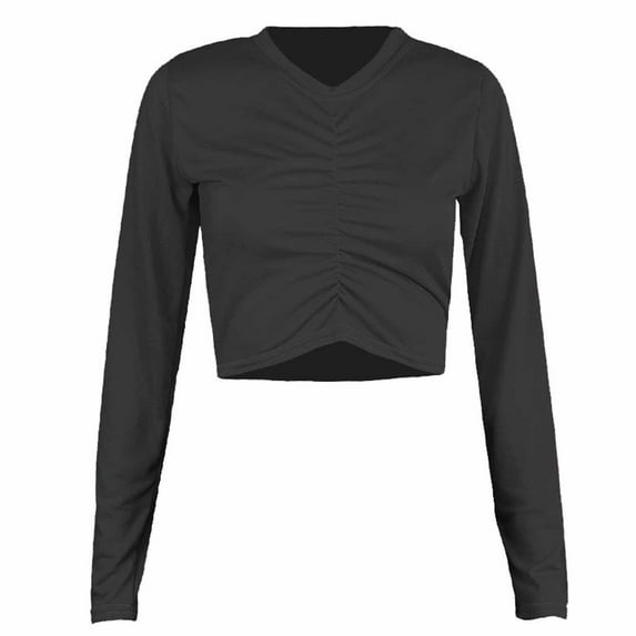 WREESH Womens Fashion Crop Tops Solid Color Spring Fall Patchwork Slim Long Sleeves Round Neck Casual Short T-Shirt Tops Black
