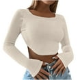 thumbnail image 1 of WREESH Womens Fashion Crop Tops Square-Neck Solid Color Knit Slim Long Sleeve Blouse Tops Beige, 1 of 7