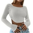 thumbnail image 1 of WREESH Womens Fashion Crop Tops Square-Neck Solid Color Knit Slim Long Sleeve Blouse Tops White, 1 of 7