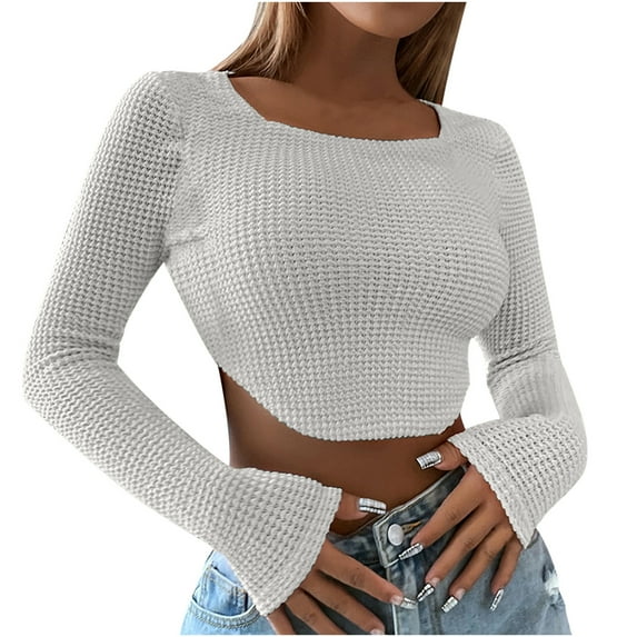 WREESH Womens Fashion Crop Tops Square-Neck Solid Color Knit Slim Long Sleeve Blouse Tops White