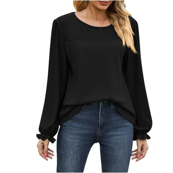 WREESH Womens Fashion Dressy Shirts Solid Color Knit Round Neck Long Sleeved Hollowed Out Patchwork Loose T-Shirt Pullover Black