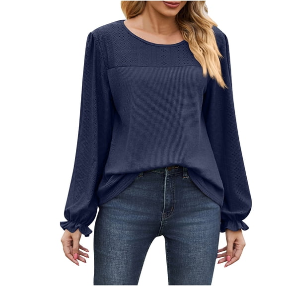 WREESH Womens Fashion Dressy Shirts Solid Color Knit Round Neck Long Sleeved Hollowed Out Patchwork Loose T-Shirt Pullover Navy