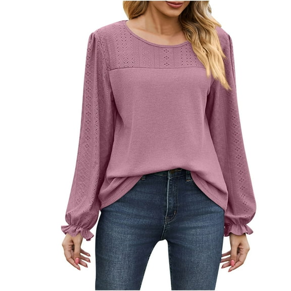 WREESH Womens Fashion Dressy Shirts Solid Color Knit Round Neck Long Sleeved Hollowed Out Patchwork Loose T-Shirt Pullover Red