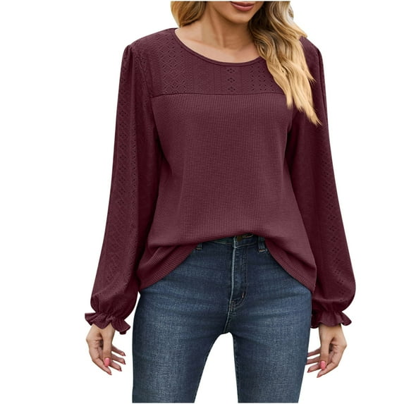 WREESH Womens Fashion Dressy Shirts Solid Color Knit Round Neck Long Sleeved Hollowed Out Patchwork Loose T-Shirt Pullover Wine