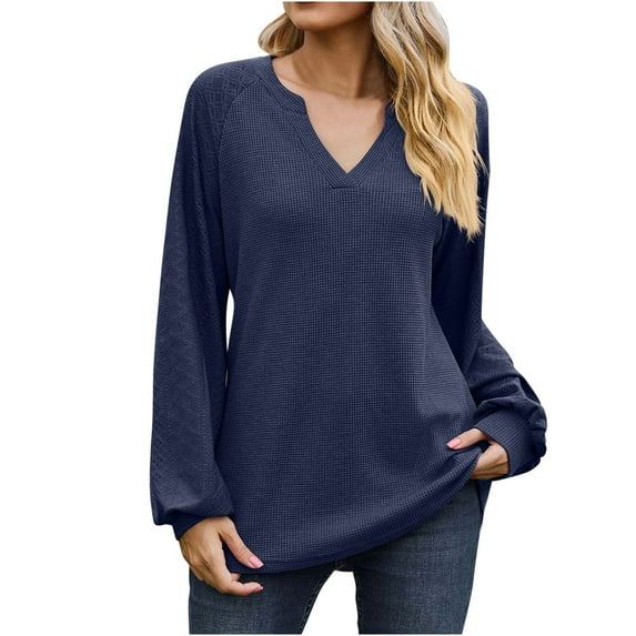WREESH Womens Fashion Dressy Shirts Solid Color Knit V-Neck Long Sleeved Hollowed Out Patchwork Loose T-Shirt Pullover Navy