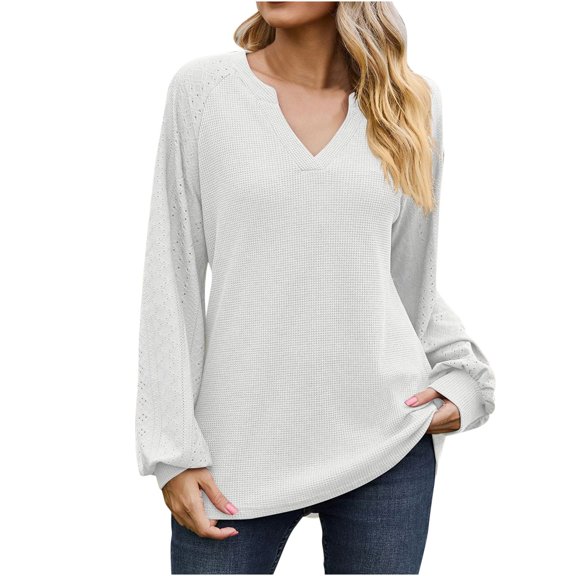 WREESH Womens Fashion Dressy Shirts Solid Color Knit V-Neck Long Sleeved Hollowed Out Patchwork Loose T-Shirt Pullover White