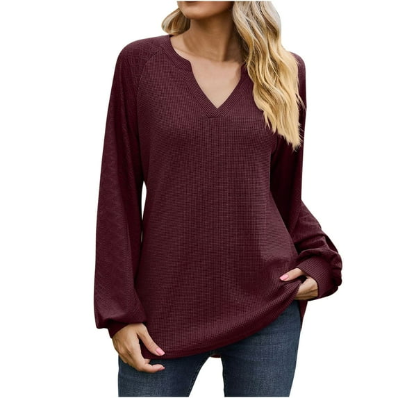 WREESH Womens Fashion Dressy Shirts Solid Color Knit V-Neck Long Sleeved Hollowed Out Patchwork Loose T-Shirt Pullover Wine