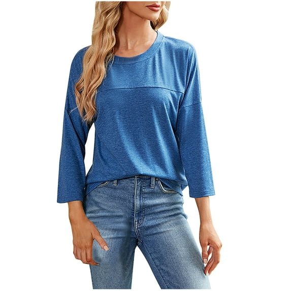 WREESH Womens Fashion Dressy Tops Fall And Winter New Solid Color Casual 3/4 Sleeve Round Neck Loose Bottom T-Shirt Tops Pullover Blue
