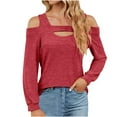 thumbnail image 1 of WREESH Womens Fashion Dressy Tops Round Neck Casual Solid Color Off-Shoulder Patchwork Long Sleeve Loose T-Shirt Top Pullover Red, 1 of 8