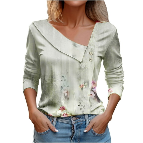 WREESH Womens Fashion Dressy Tops Side Button V-Neck Printed Long Sleeved Shirt T-Shirt Pullover Gray