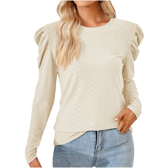 WREESH Womens Fashion Dressy Tops Solid Color Jacquards Round -Neck Long Sleeve Loose T-Shirt Pullover Beige